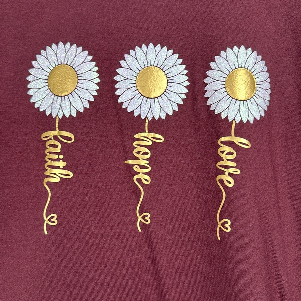 Faith Hope Love Glitter Daisy Burgundy Short Sleeve T-shirt Women's Size… - Picture 3 of 7